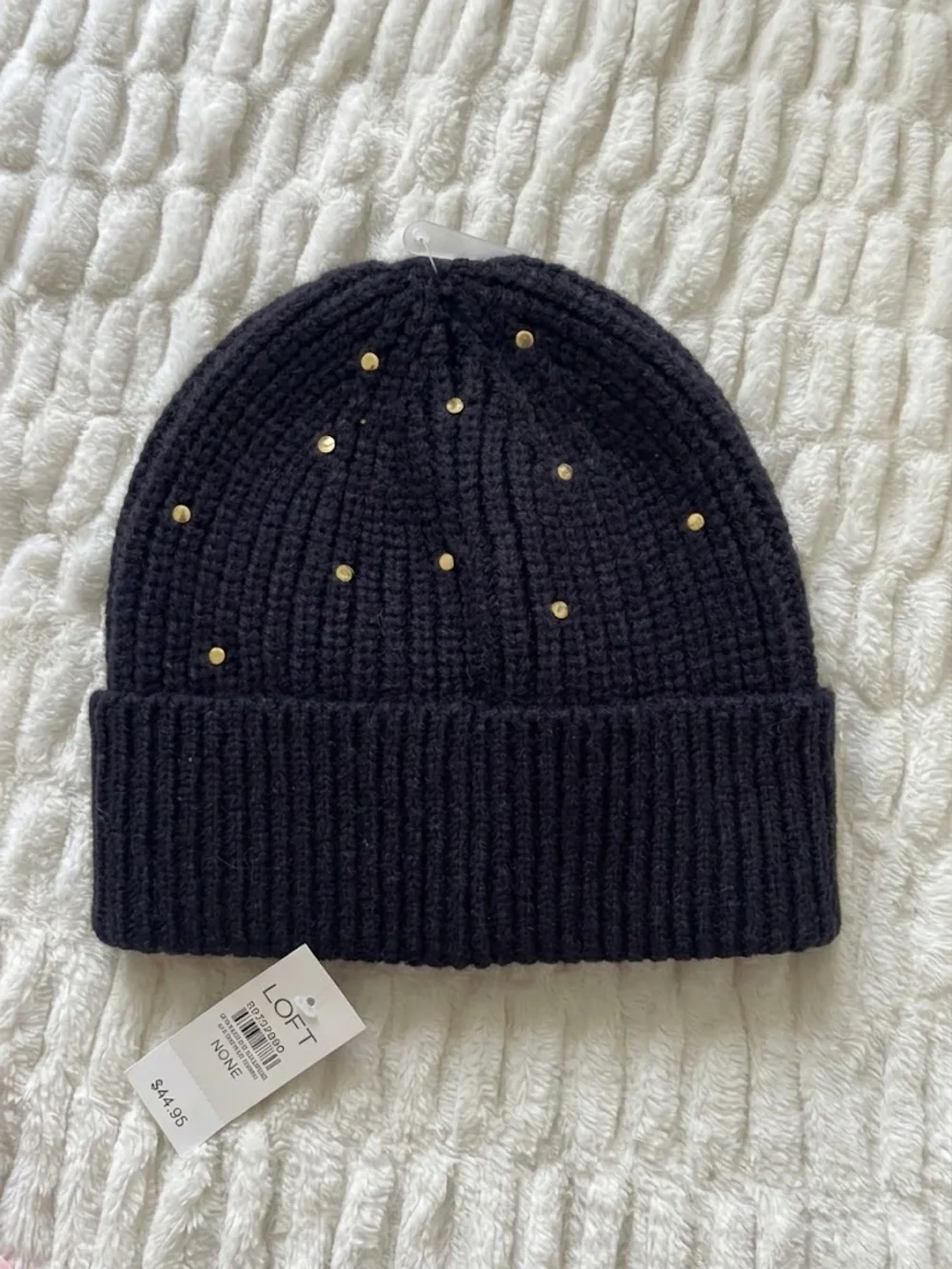 LOFT Navy Blue Studded Ribbed Knit Beanie NWT Gold Embellished Cuff Hat
